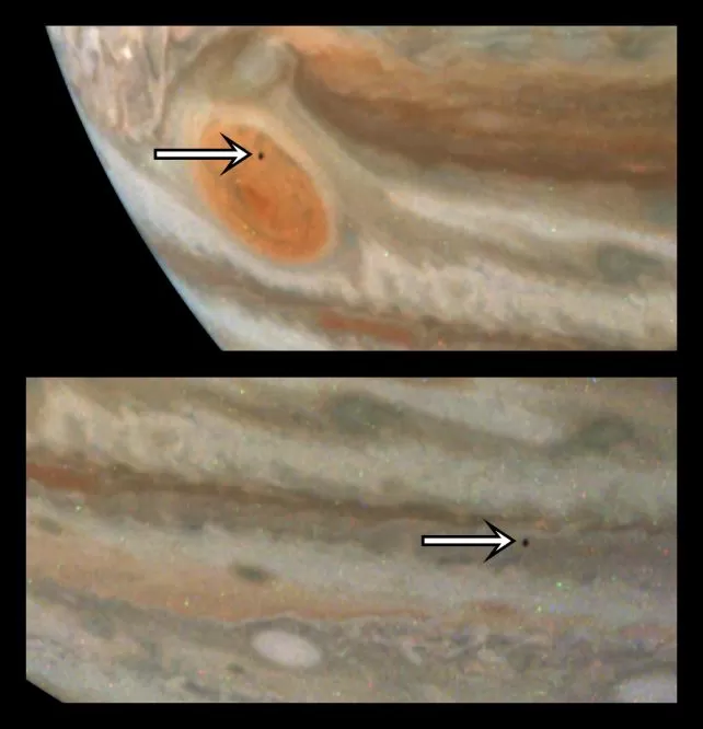 Jupiter and its small moon Amalthea, whose tilted orbit helped scientists understand Jupiter's early history.