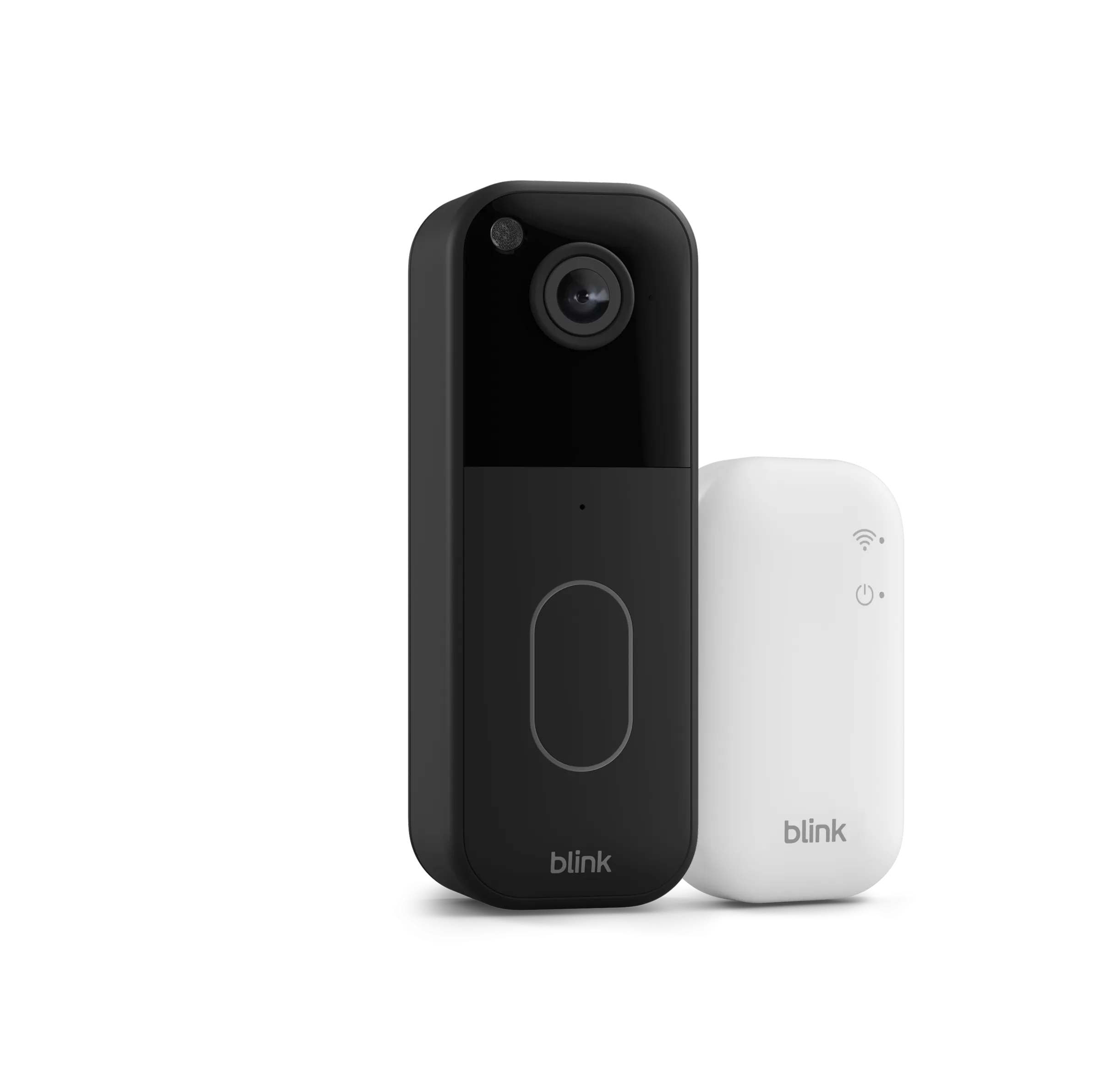 The new Blink Video Doorbell in black and white, shown next to the required Sync Module Core.