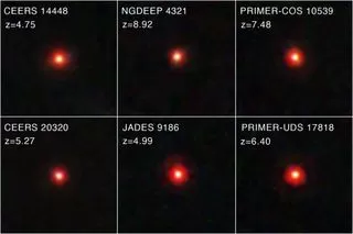 Six panels showing JWST images of distant galaxies appearing as faint, reddish dots, potentially housing hidden supermassive black holes in the early universe.