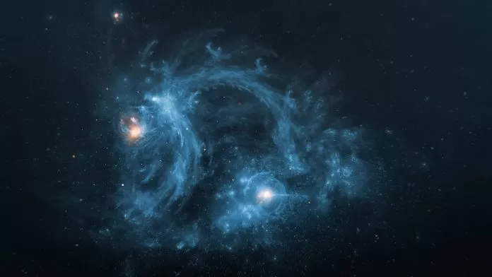 Abstract view of distant galaxies merging in deep space, representing the vast cosmic environment where new structures, like planets, can form.
