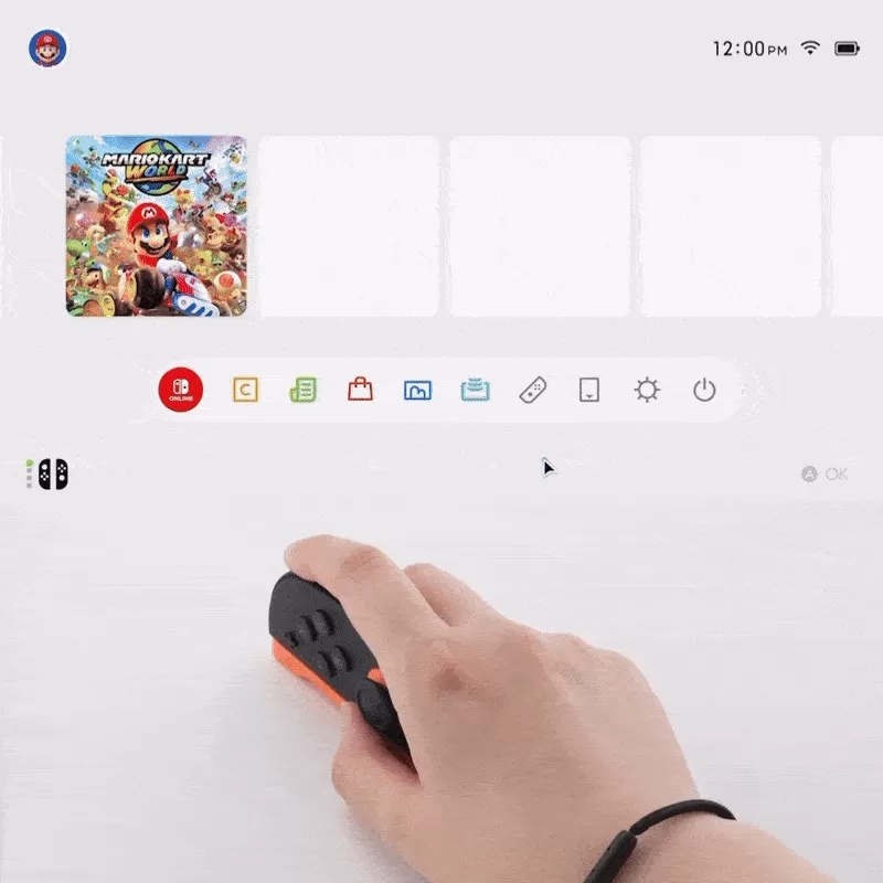 Animated GIF showing a mouse cursor controlled by a Joy-Con 2 moving around the Nintendo Switch 2 system menu.