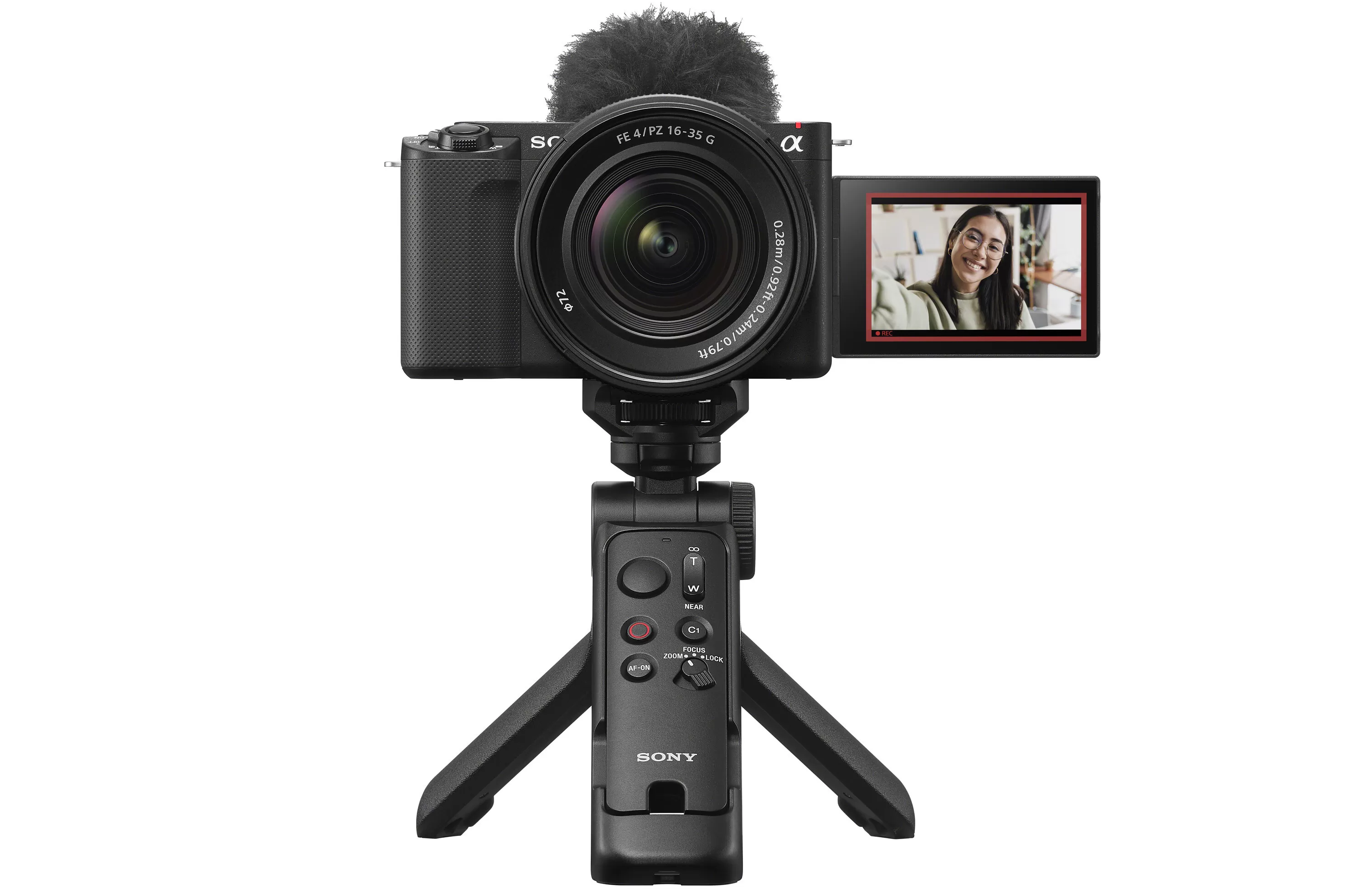 Sony GP-VPT3 multi-function grip attached to a Sony Alpha camera, configured as a compact tripod for vlogging or stable photos.