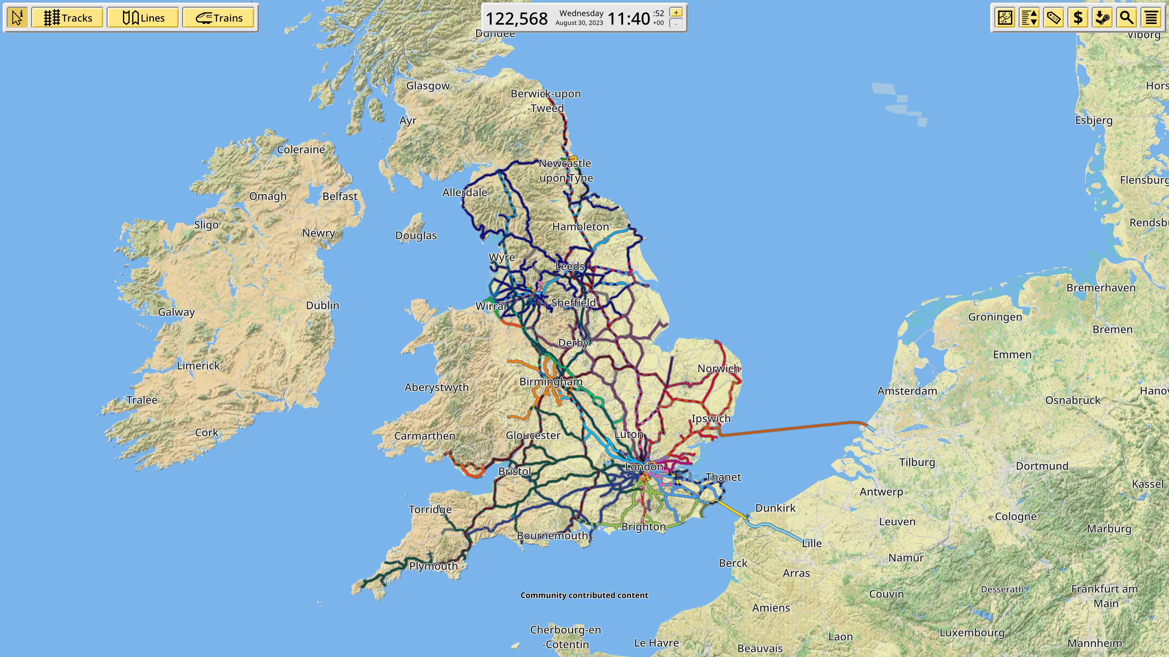 Screenshot of NIMBY Rails game showing railway lines on a real-world map.