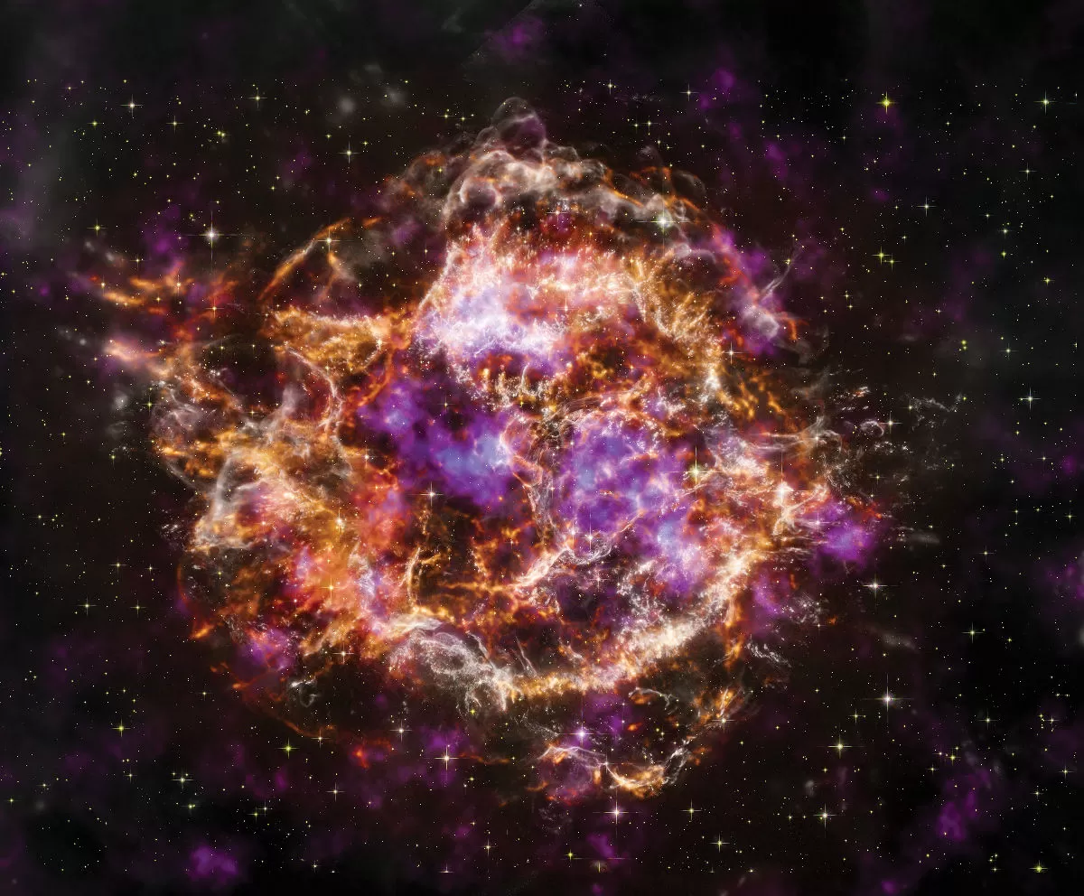 Vibrant image of supernova remnants Cassiopeia A, illustrating a potential source of cosmic rays that carry lithium through space.