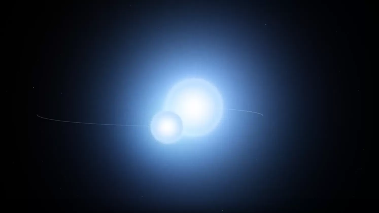 Illustration of a binary star system with a smaller star orbiting inside the expanded outer layers of a larger star, representing a common envelope.