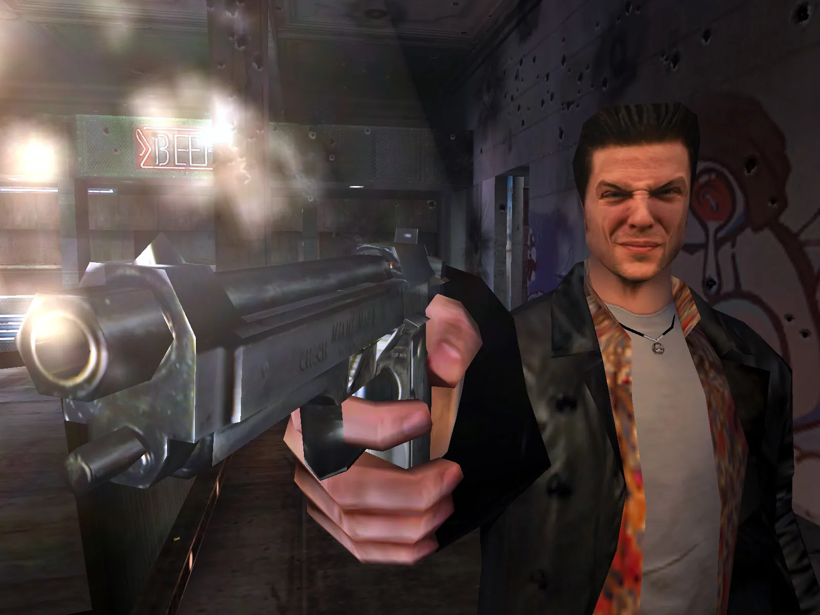 Screenshot of the classic Max Payne game featuring bullet time action.