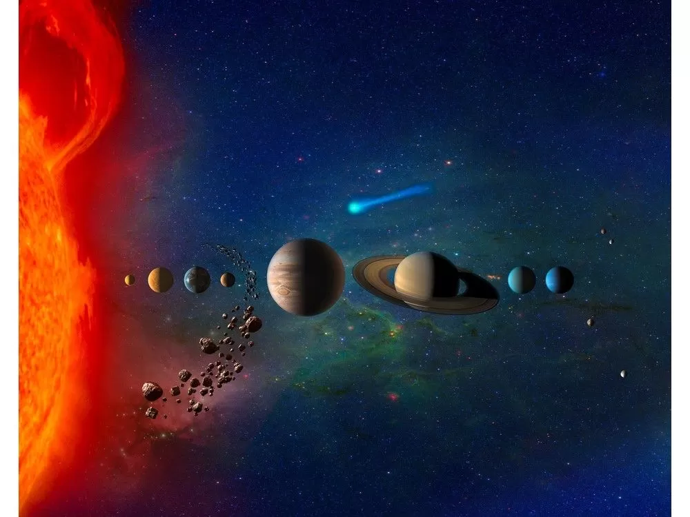 Illustration of the solar system showing planets orbiting the sun with the asteroid belt between Mars and Jupiter, and a band of icy bodies beyond Neptune representing the Kuiper Belt.