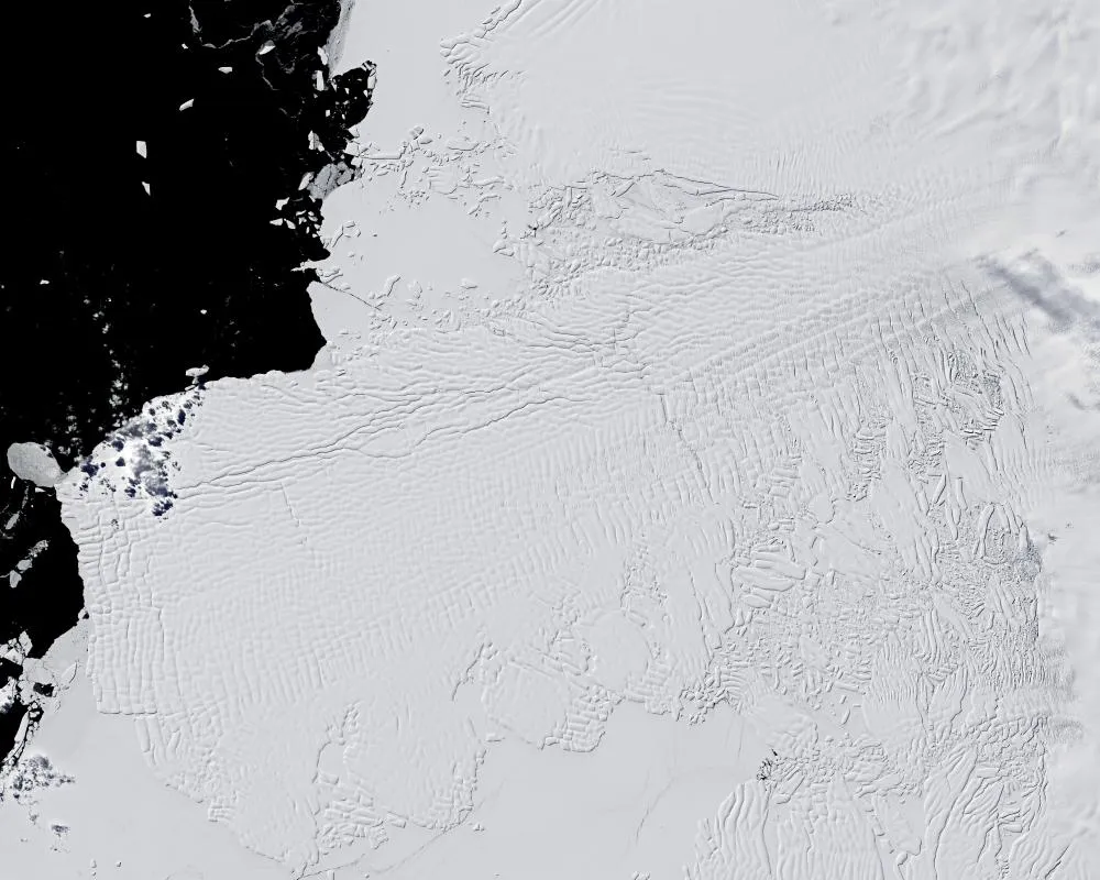 Thwaites Glacier in Antarctica showing ice retreat compared to an earlier date