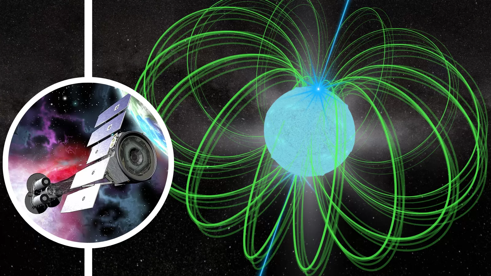 Illustration showing an erupting magnetar (a super magnetic neutron star) next to NASA's IXPE telescope, which observed its X-ray light.