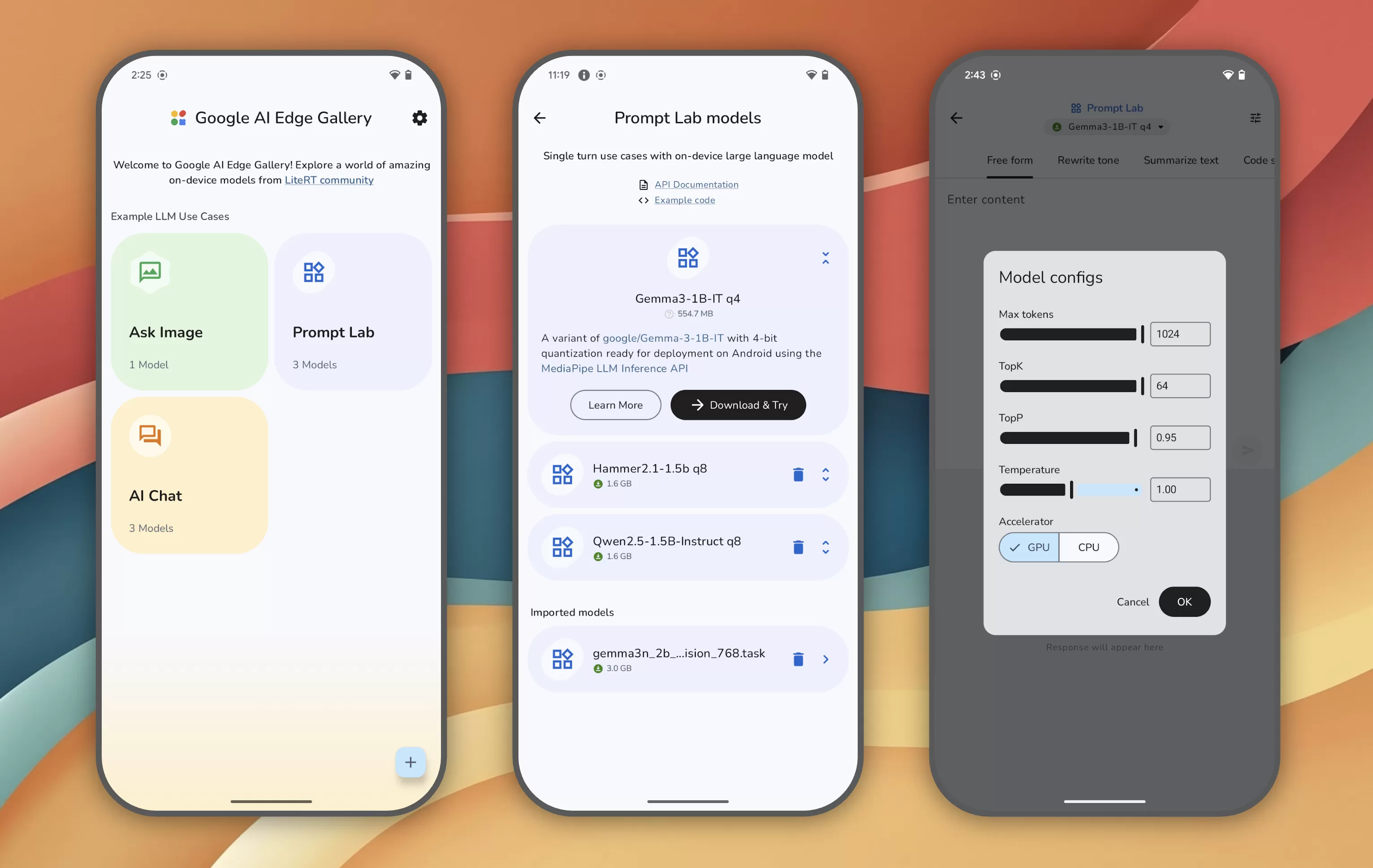 Welcome screens for Google AI Edge Gallery app
