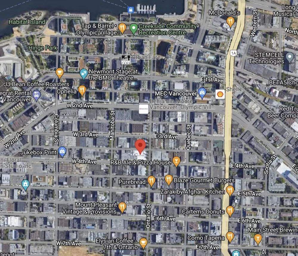 Google Maps view showing the current site of the large mixed-use development approved in Vancouver's Mount Pleasant.