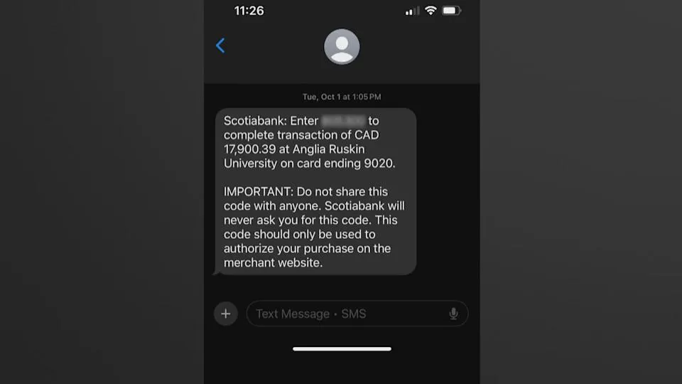 Scotiabank one-time passcode text message warning customer not to share code during credit card transaction.