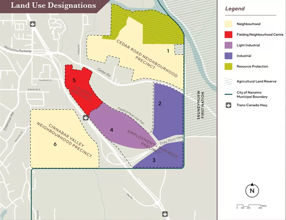 Visual representation of the Sandstone development master plan by Seacliff Properties, detailing proposed land use areas in South Nanaimo.