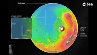 Global map of Mars showing the location of the Arcadia Planitia region, a key area for studying Martian water ice.