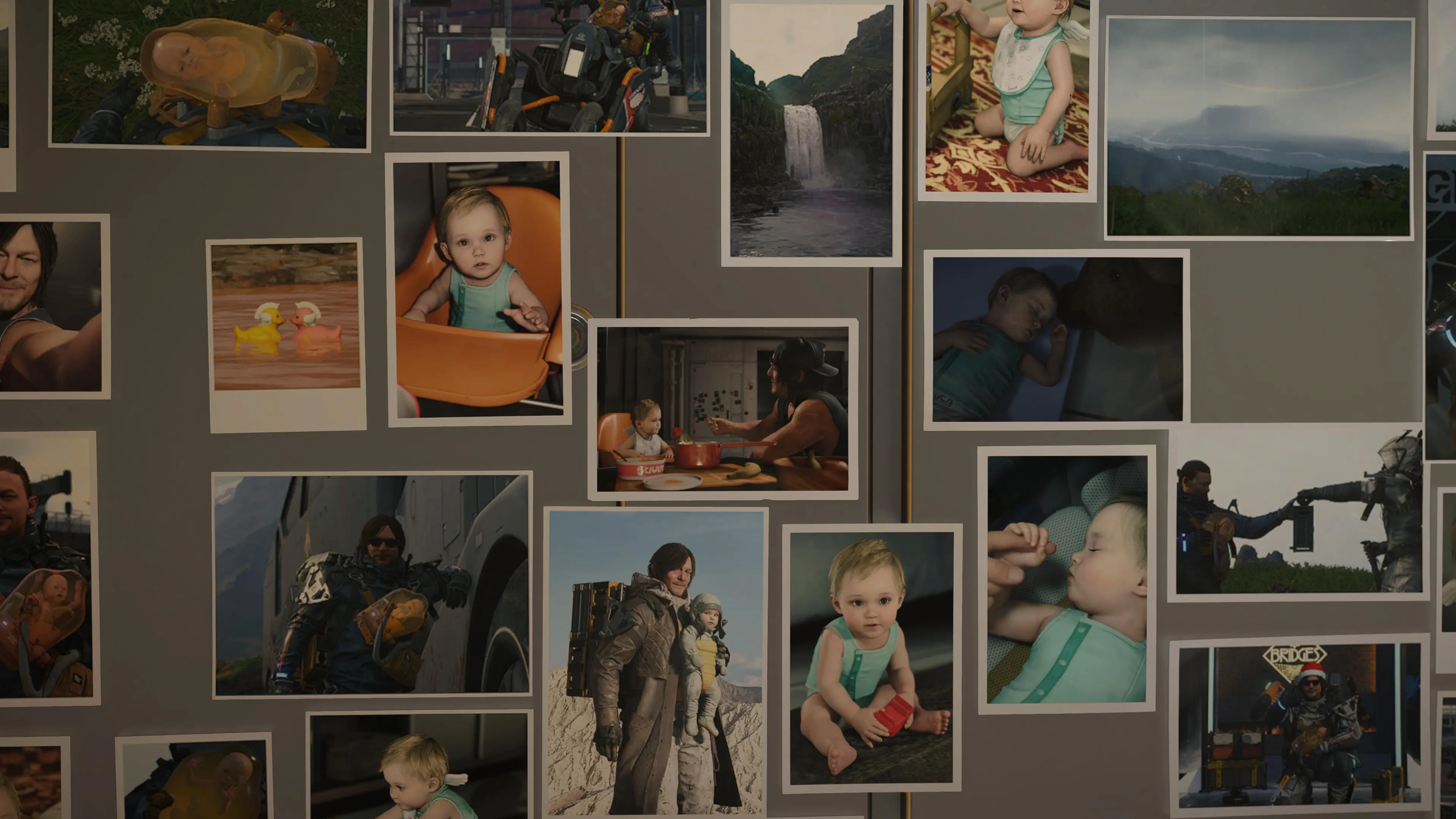 Sam Bridges' photo wall in Death Stranding 2 showing family moments and work plans