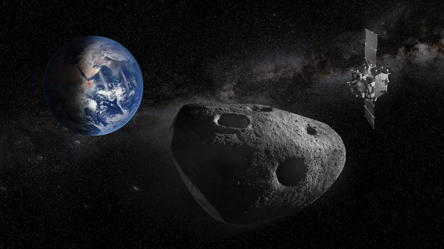 Artist's impression of ESA's Ramses spacecraft approaching the asteroid Apophis.