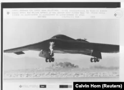 B-2 Spirit stealth bomber flies above the Mojave Desert during its second test flight in 1989
