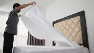Person making a bed with fresh white sheets in a bright room, demonstrating a step in preventing bed bug infestations through hygiene.