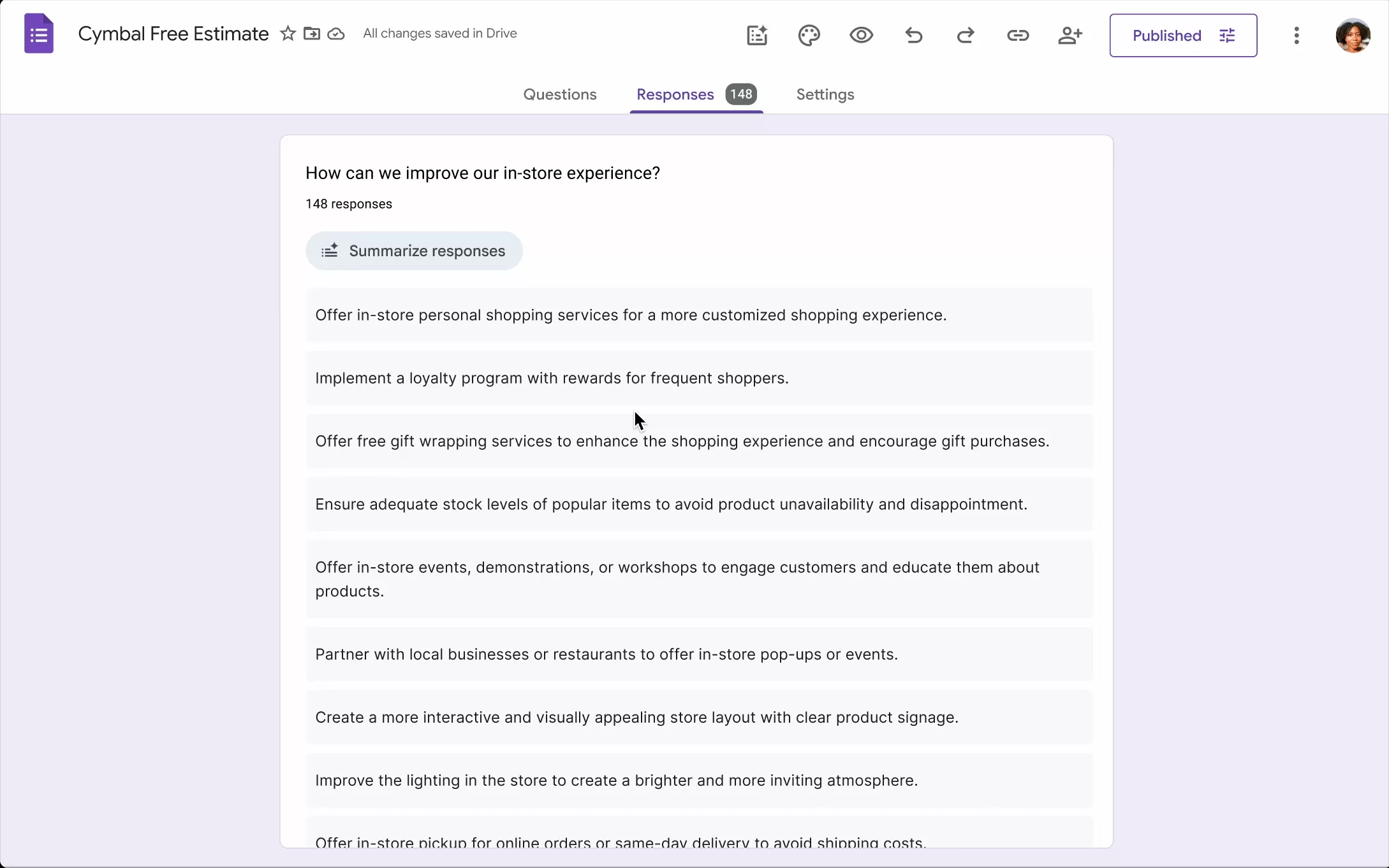 Google Gemini AI summarizing responses in Google Forms to highlight key themes