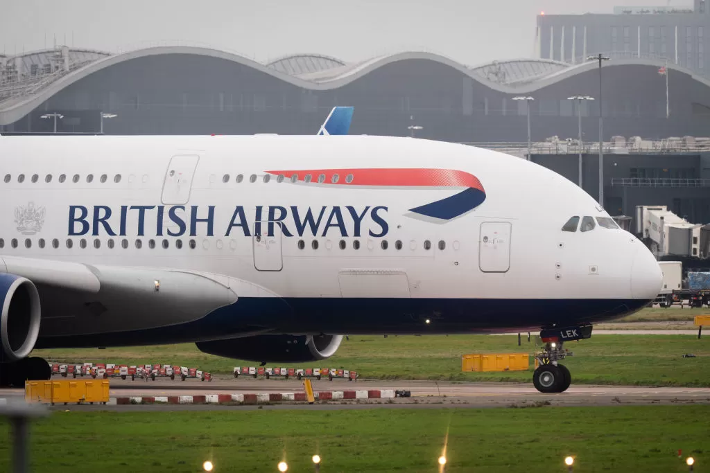 Large British Airways Airbus A380 aircraft at London Heathrow Airport, representing the type of plane involved in the recent incident.