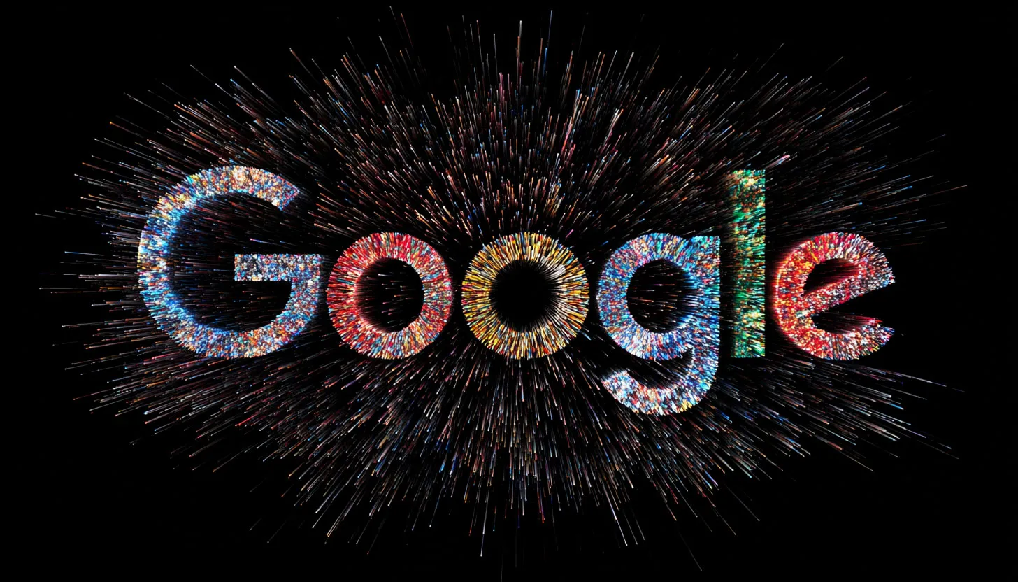 Alt text: Abstract image showing an exploding Google logo with interconnected elements, symbolizing significant changes or updates to Google Search.