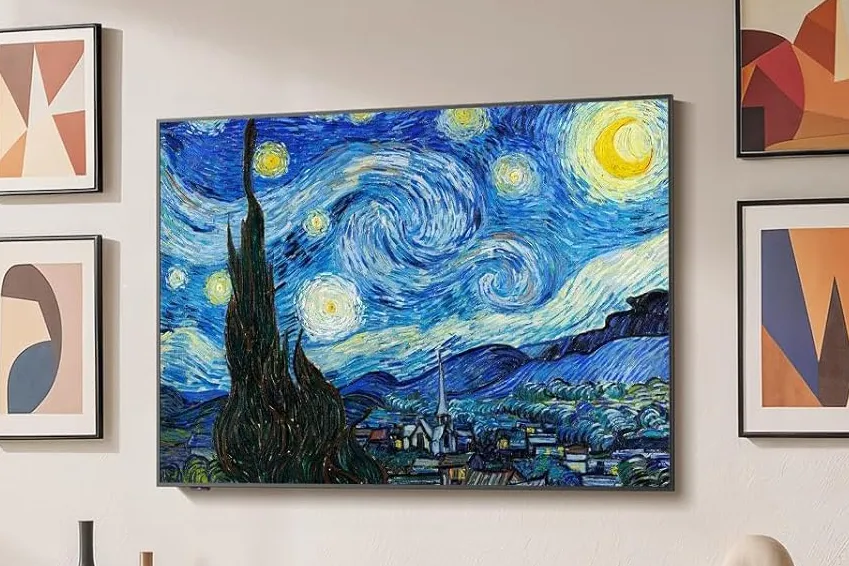 iFFALCON QLED Mural TV mounted flush on a living room wall displaying digital art