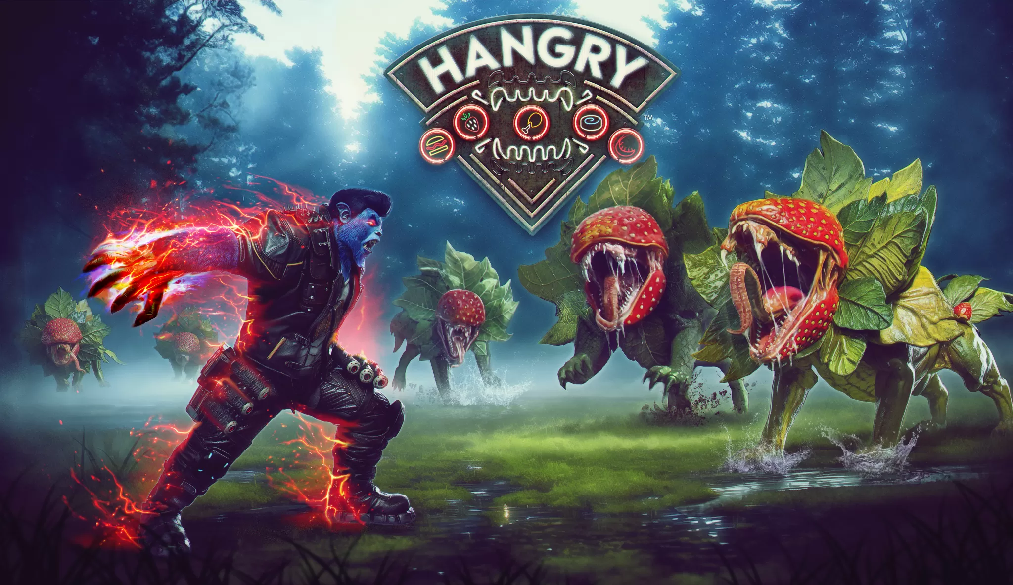 HANGRY game logo featuring the main character, a beastly mercenary, ready for action.