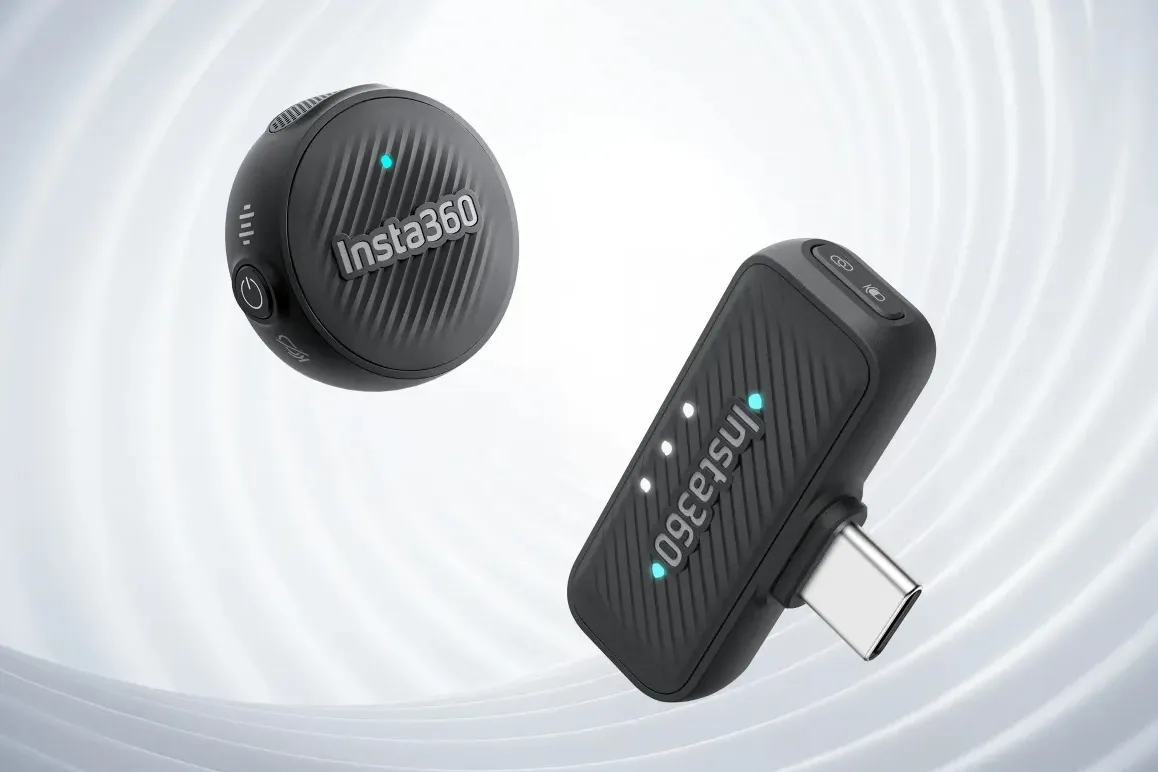 Insta360 Mic Air compact wireless microphone transmitter shown alongside its USB-C receiver dongle