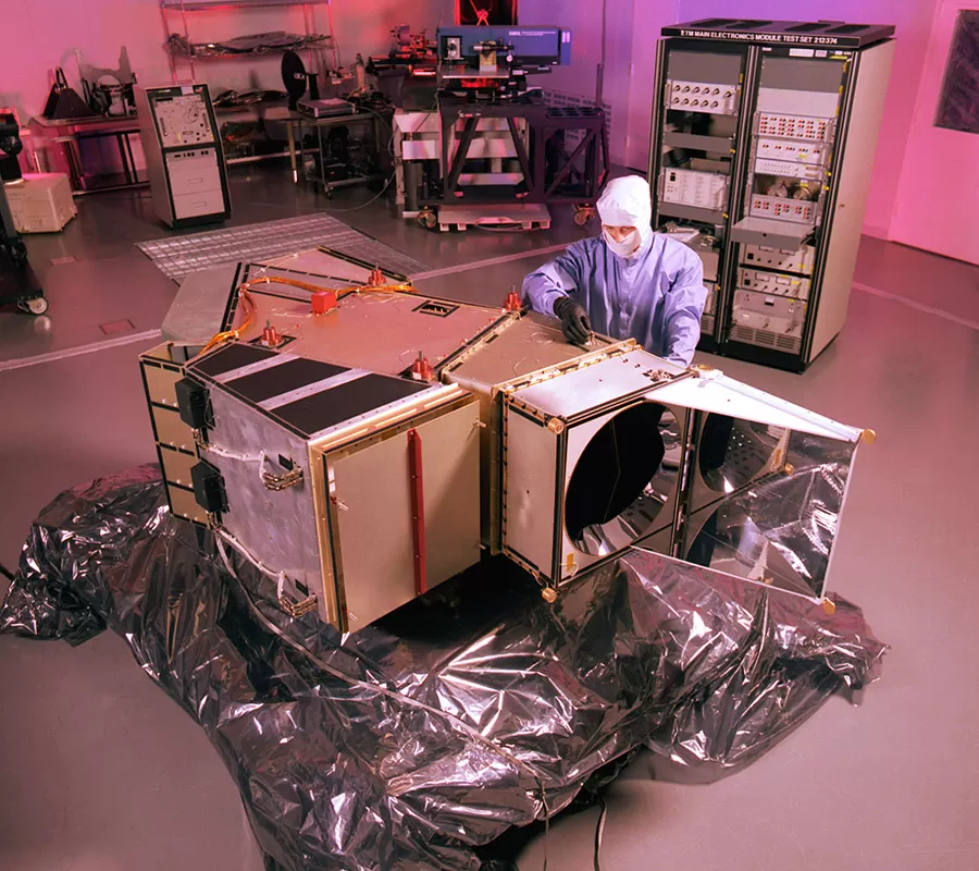 The Enhanced Thematic Mapper Plus (ETM+) instrument, key sensor for the Landsat 7 Earth observation satellite, in a clean room.