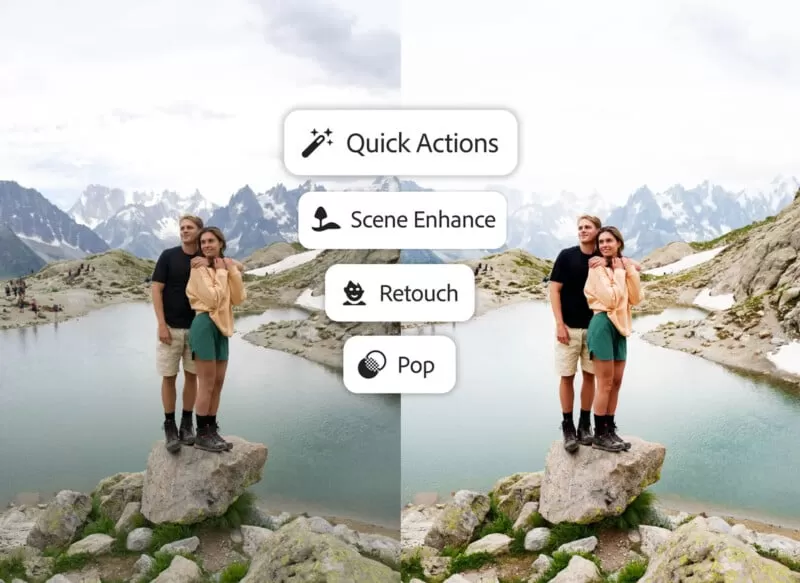 A couple stands on a rock by a mountain lake; the left side of the image is dull, while the right side is brighter with enhanced colors. Overlay menu options read: Quick Actions, Scene Enhance, Retouch, and Pop.