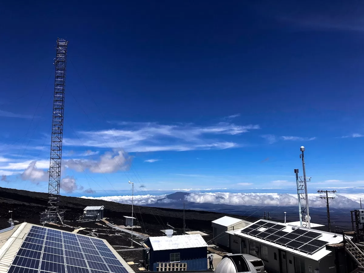 Scientific observatory on Mauna Loa volcano in Hawaii, measuring Earth's atmospheric CO2 levels.