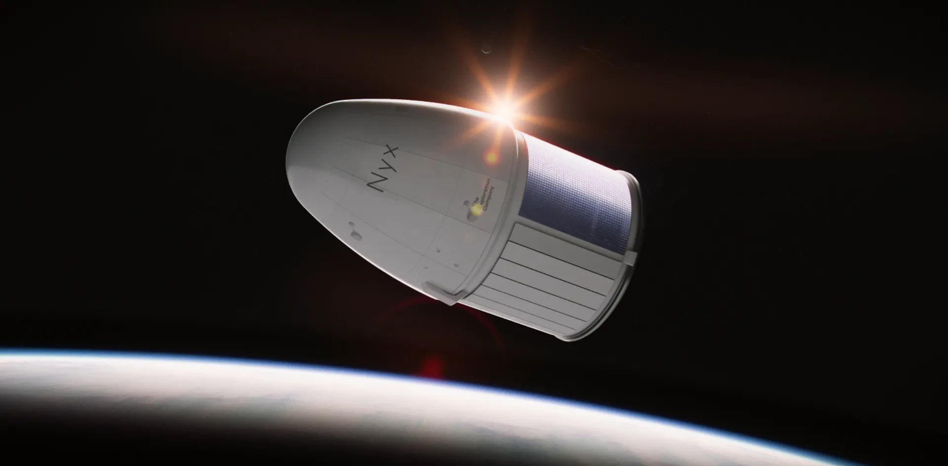 Artist rendering of a white space capsule in orbit over Earth
