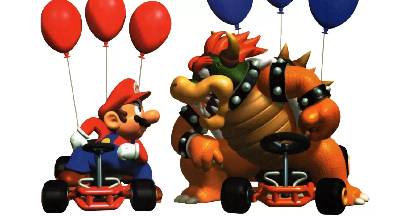 Mario and friends race on Peach Circuit in Mario Kart Super Circuit for the GBA