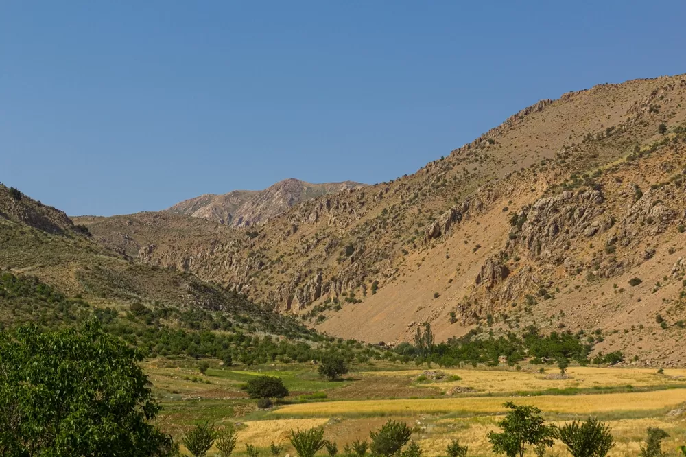 Rugged landscape of the Zagros Mountains, identified as the key location where early humans and Neanderthals interbred.
