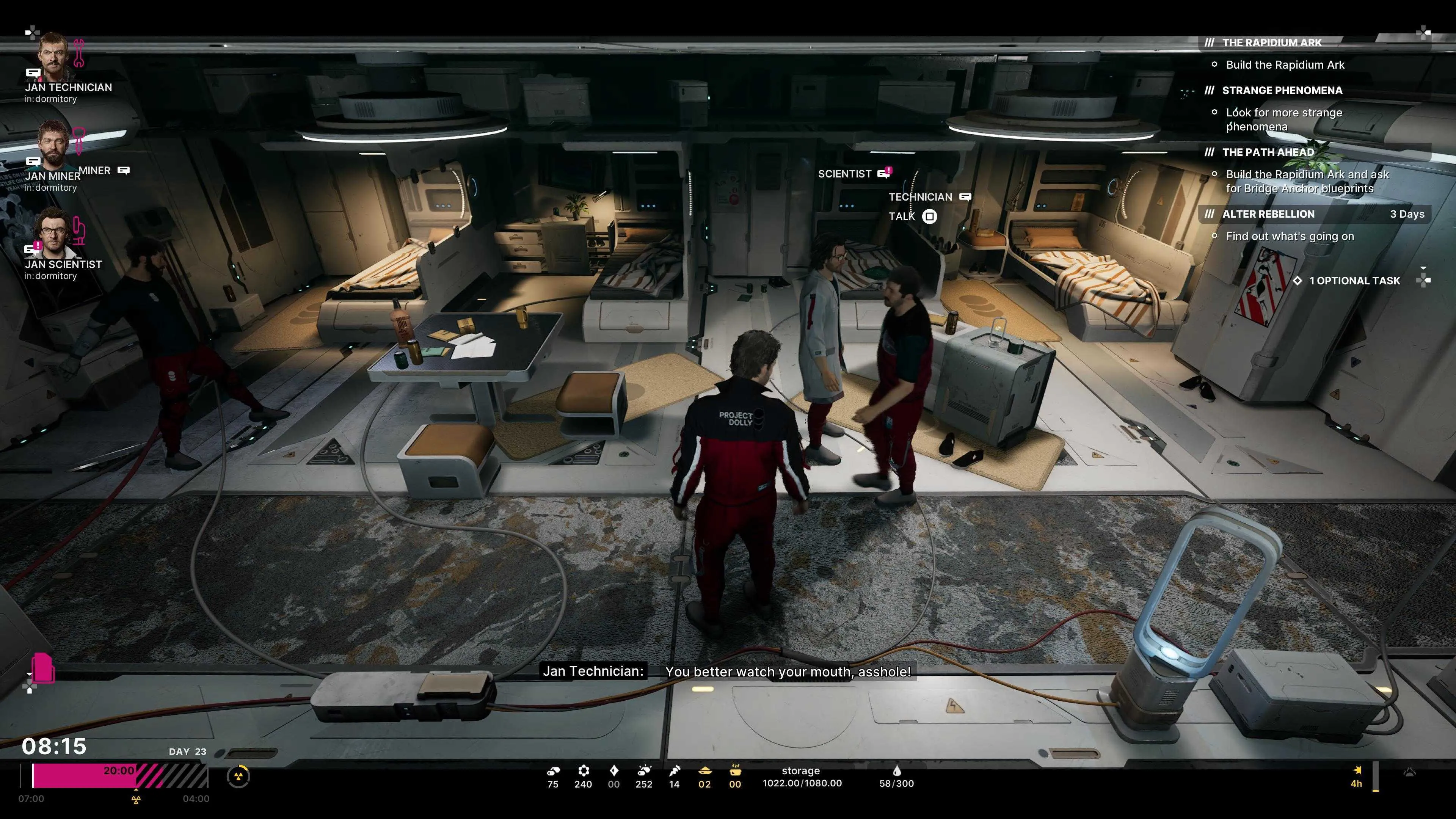 Multiple versions of Jan Dolski arguing inside a science lab in The Alters game