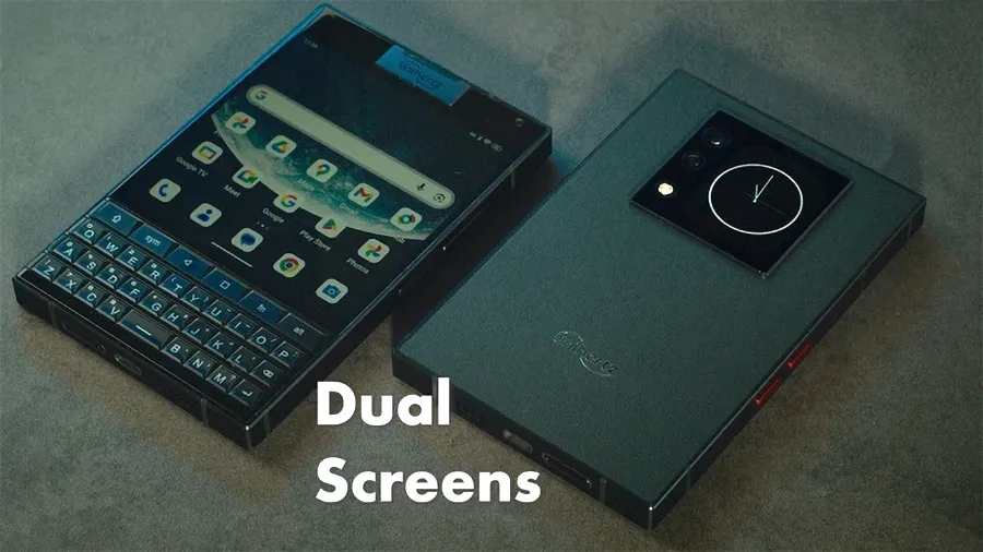The Unihertz Titan 2 smartphone showcasing its front display and the unique second screen on the rear camera bump.