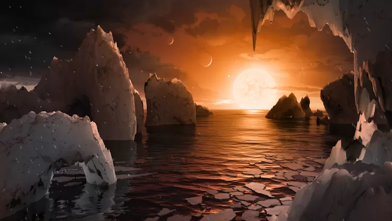 Artist's concept of TRAPPIST-1f surface, showing potential ocean, icy structures, and the large red host star on the horizon.