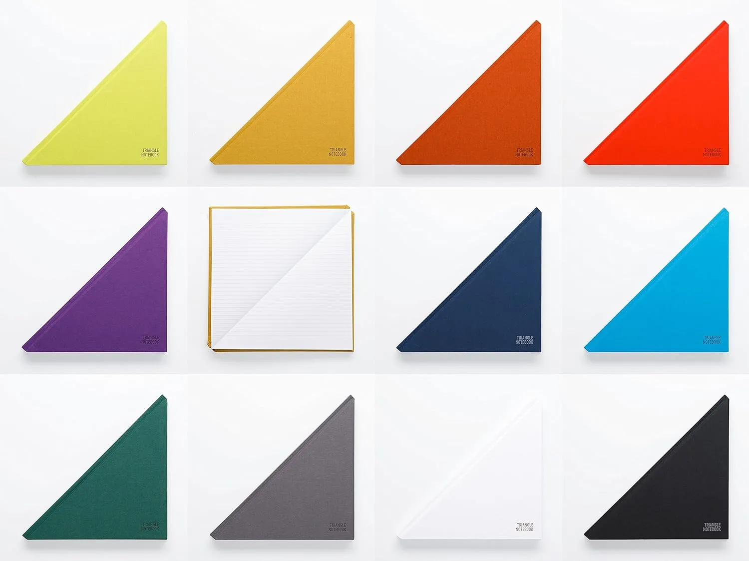 A collection of colorful Triangle Notebooks, highlighting how one opens into a square shape.
