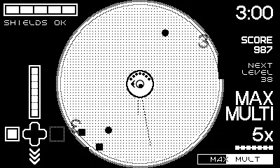 A black and white GIF shows a small spaceship in the center of the screen rotating and firing lines of bullets at square enemies approaching from the edges.