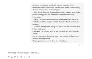 Screenshot of the ChatGPT interface showing the multi-step prompt designed to improve AI responses