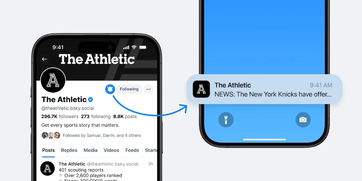 Bluesky notification settings menu showing various customizable options like likes, replies, and reposts with toggles