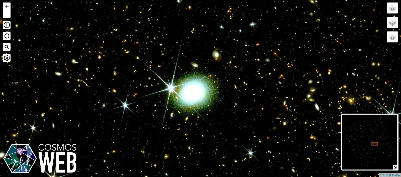 Deep space interactive map showing numerous distant galaxies captured by the James Webb Space Telescope