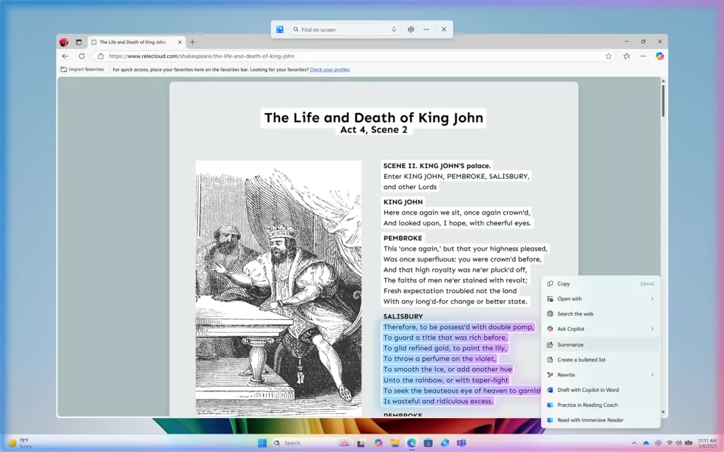 Windows 11 Click to Do feature showing a highlighted paragraph being summarized by AI