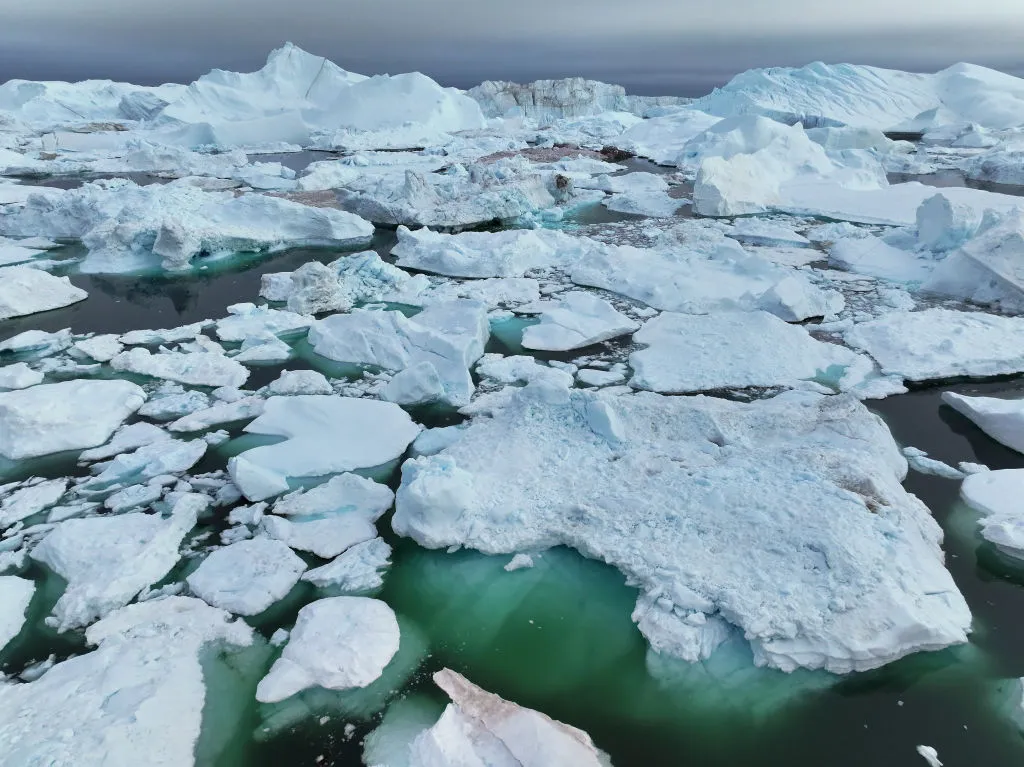 Large icebergs calved from the Greenland Ice Sheet crowd the Ilulissat Icefjord.