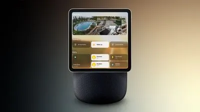 Concept image illustrating the design of Apple's rumored smart home hub, featuring a HomePod-style base and a large integrated touchscreen.
