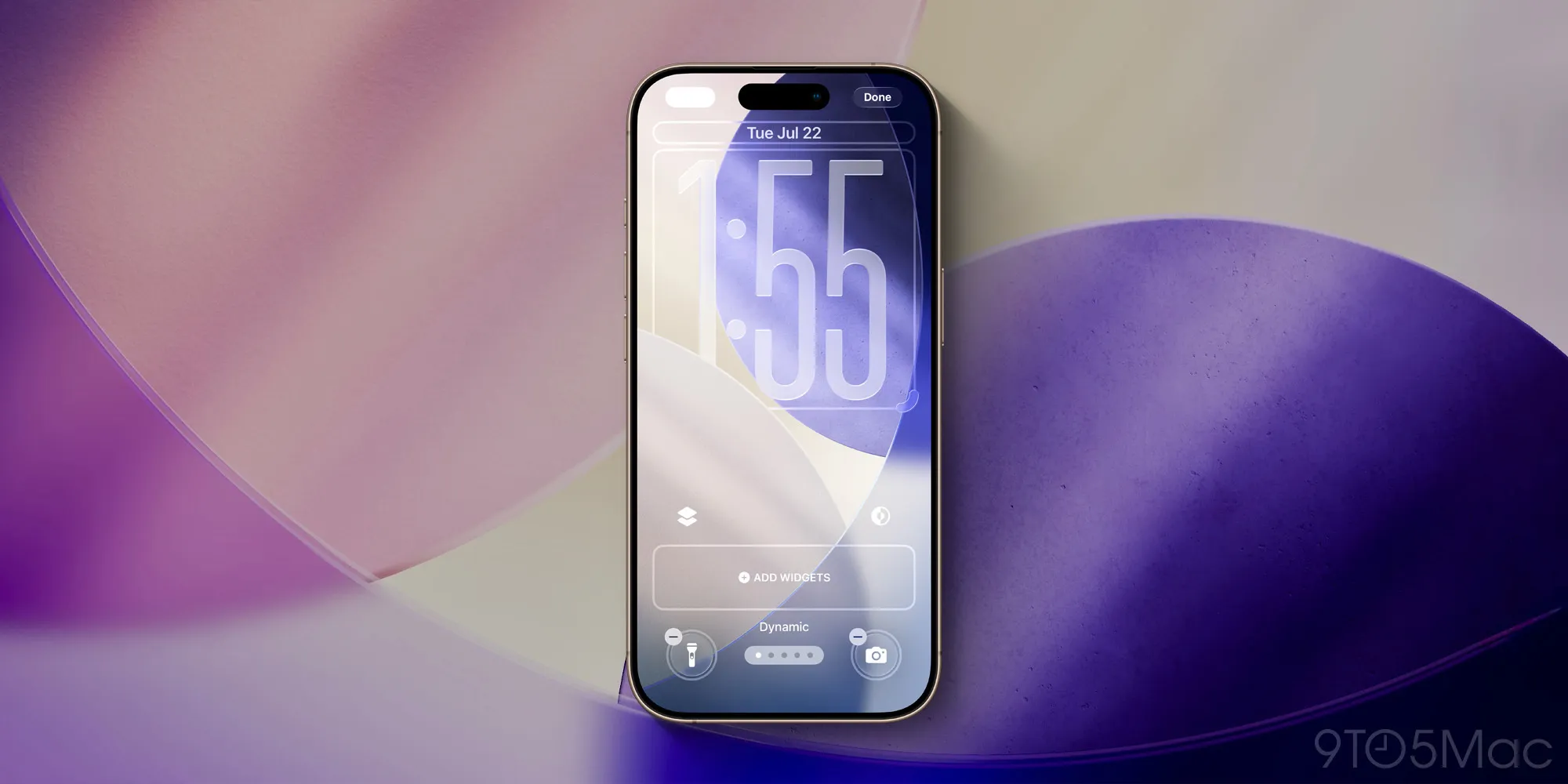An iPhone display showcasing the new iOS 26 Dynamic Wallpaper, featuring a smooth gradient of blue and purple tones, illustrating its automatic color-shifting capability.