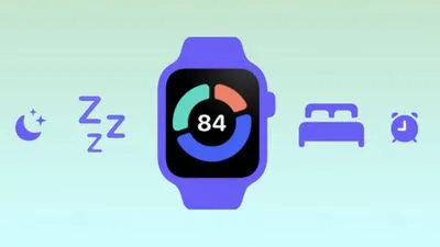 An Apple Watch interface concept showing a 'Focus Score' of 84, with colored segments representing different sleep stages like REM, Core, and Deep sleep, as discovered in iOS 26 code.