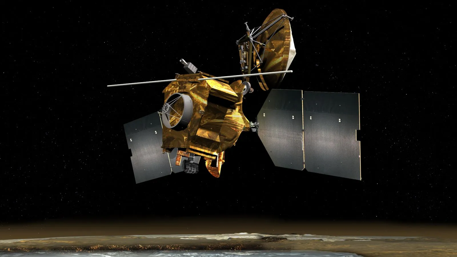 Artist's impression of the Mars Reconnaissance Orbiter flying above the surface of Mars.