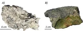 Hand specimen photographs of an aubrite (left, gray) and Northwest Africa 7325 (right, olive green and gray), previously considered potential Mercury candidates.