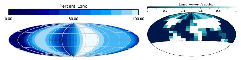 Simulated surface maps of an Earth-like exoplanet showing how land and water distribution could be mapped using photometry to identify potential oceans.